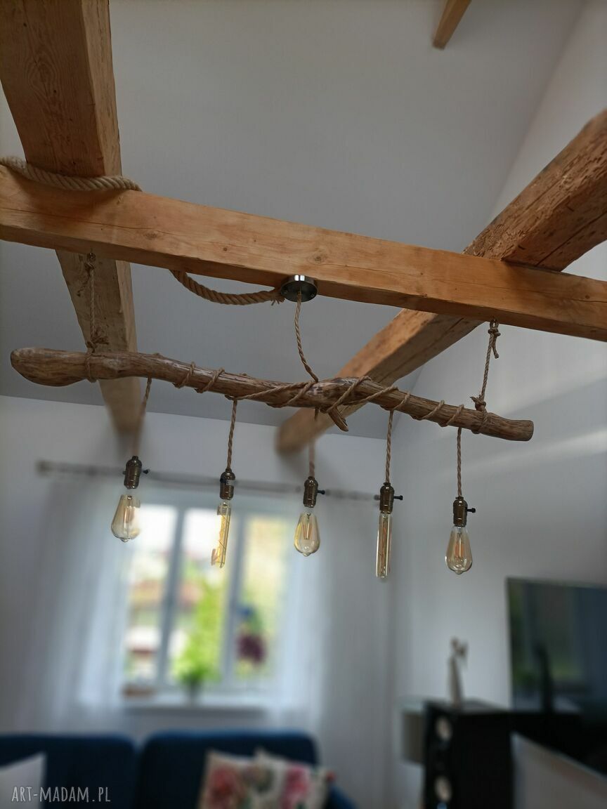 Drewniana lampa wisząca Jaro Blue0 - loft rustykalna z juty i drewna