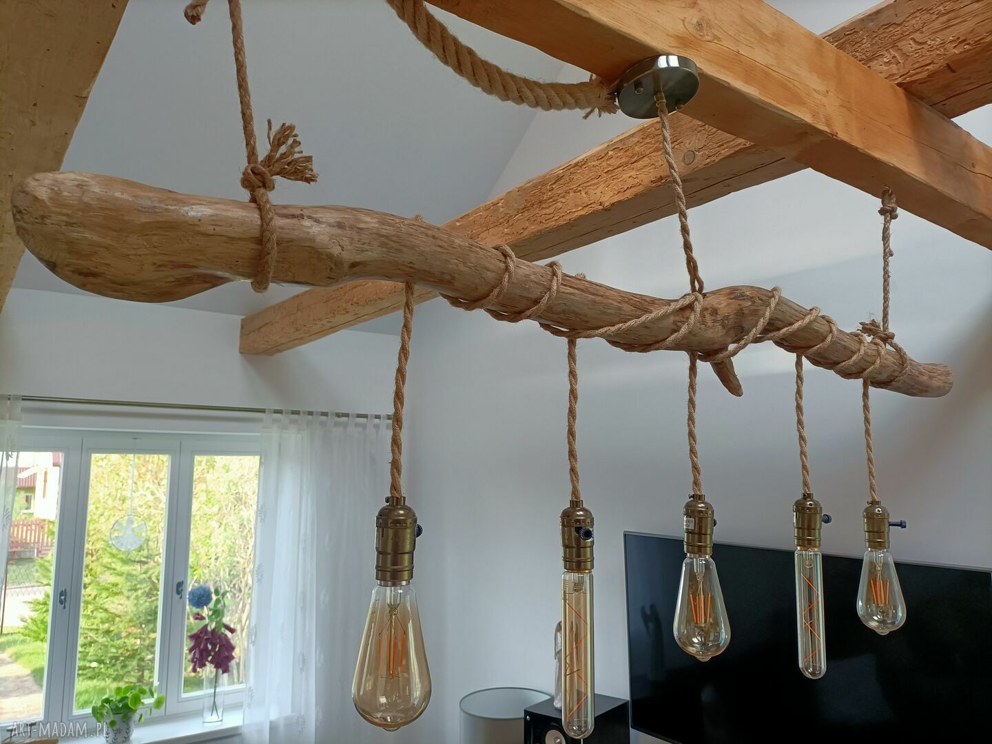 Drewniana lampa wisząca Jaro Blue0 - loft rustykalna z juty i drewna
