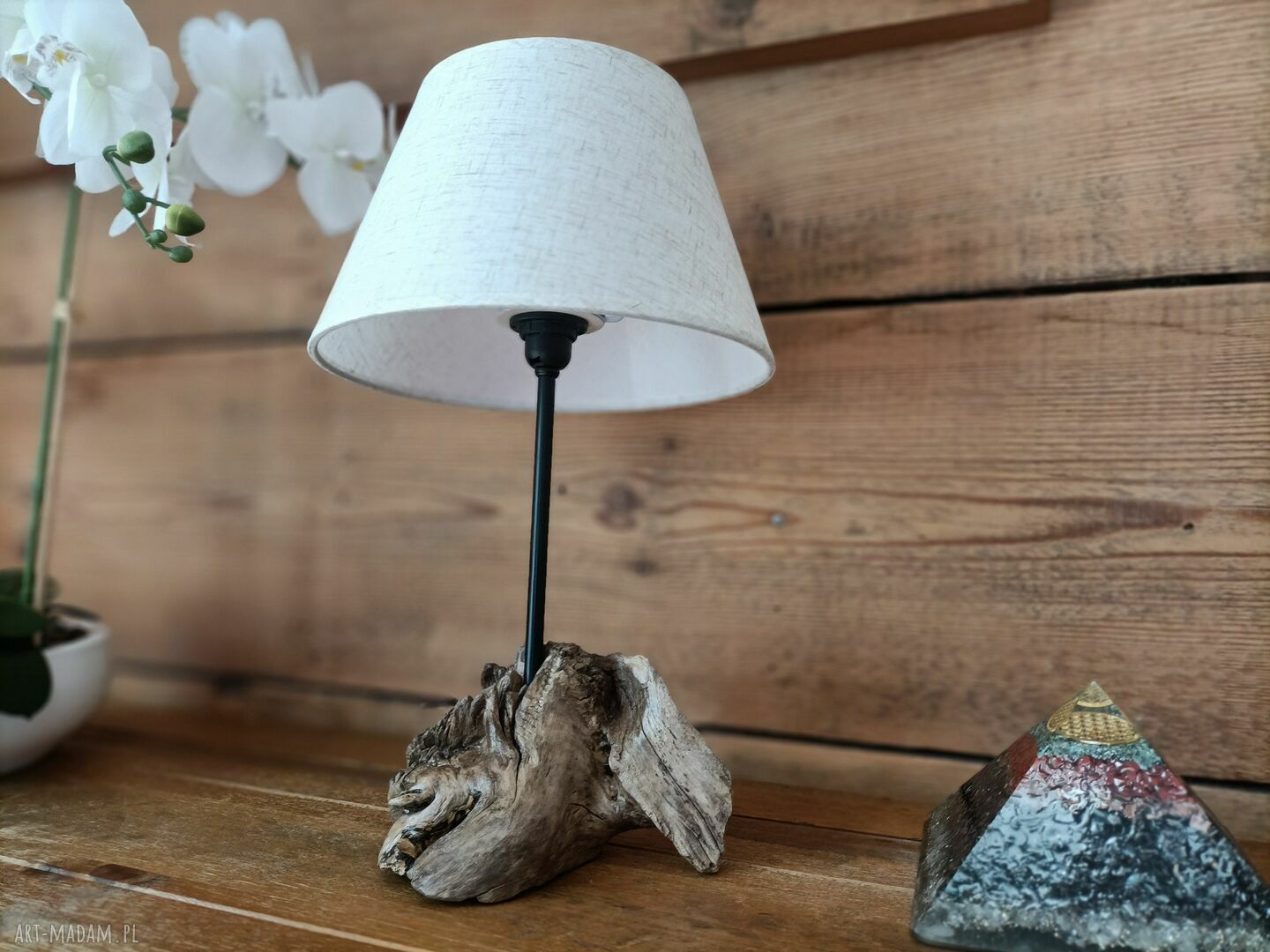 Drewniana lampa na stolik Jaro Blue0 - ręcznie robiona z drewna z plaży