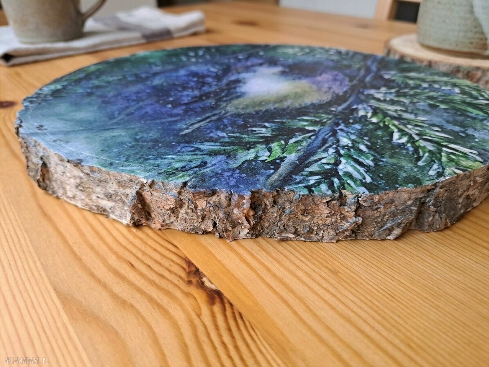 Drewniana podstawka dekoracyjna 30 cm z grafiką ptaszka
