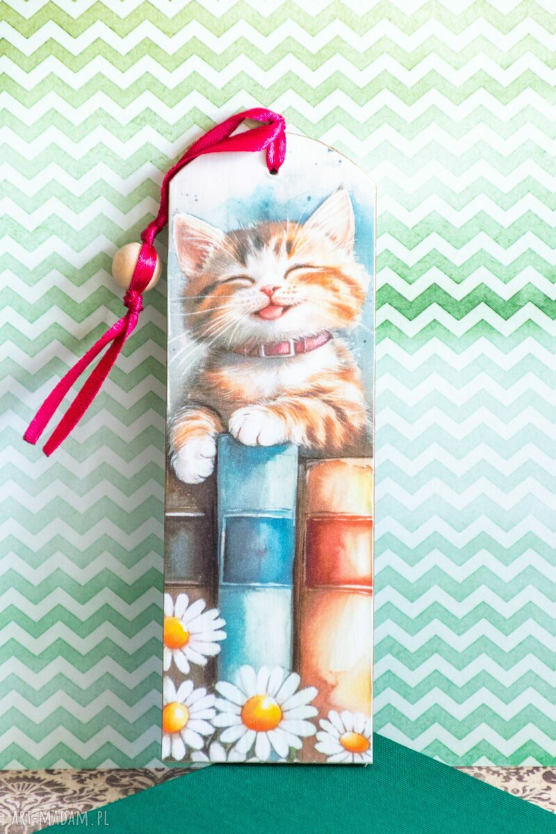 Drewniana zakładka do książki Kicia Kocia - kociaki z decoupage