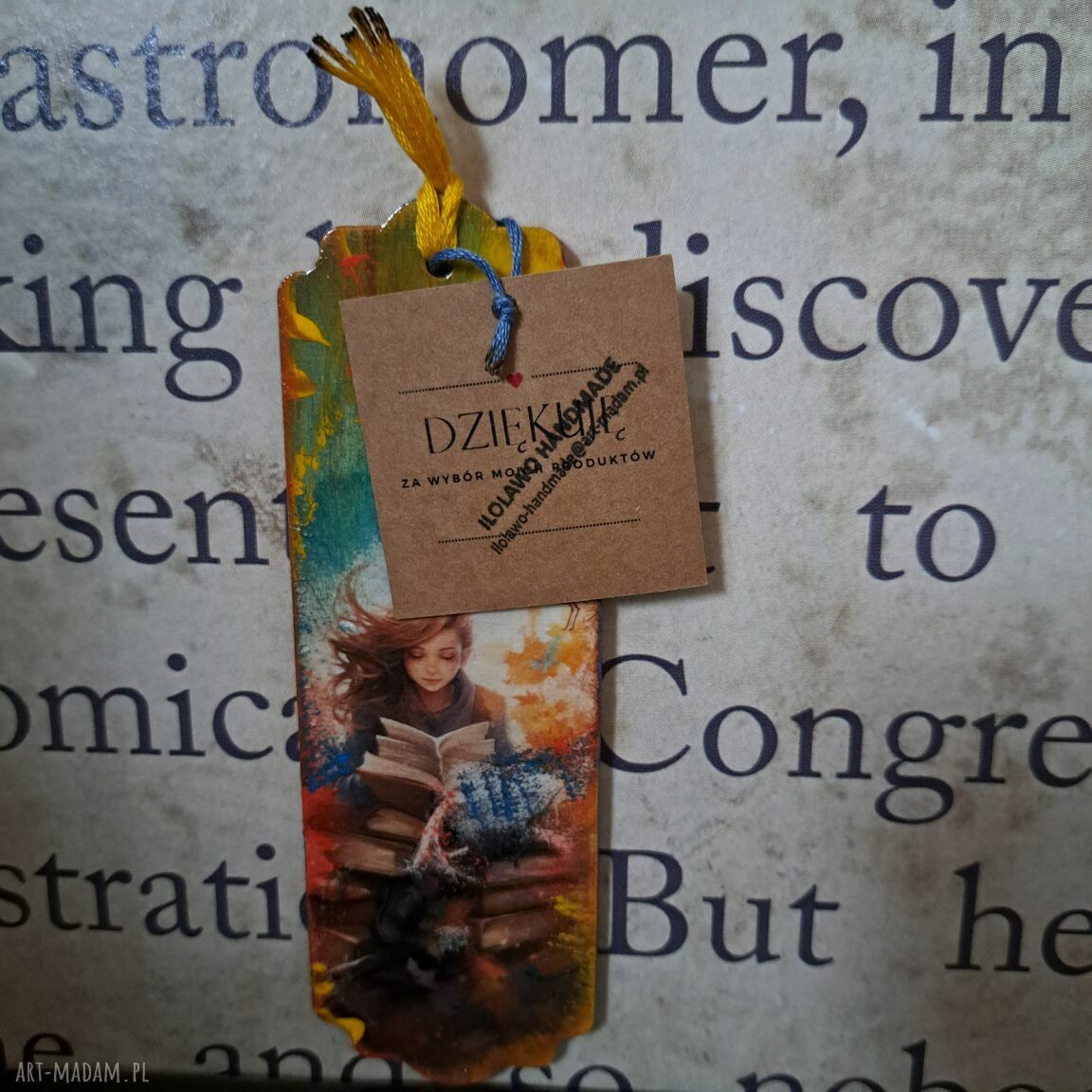 Drewniana zakładka do książki w jesiennych barwach - decoupage na sklejce (15x5 cm)