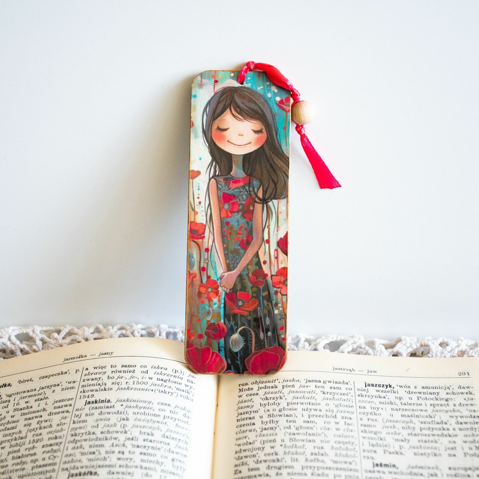 Drewniana zakładka do książki Makowa panienka - handmade dla dziewczynki
