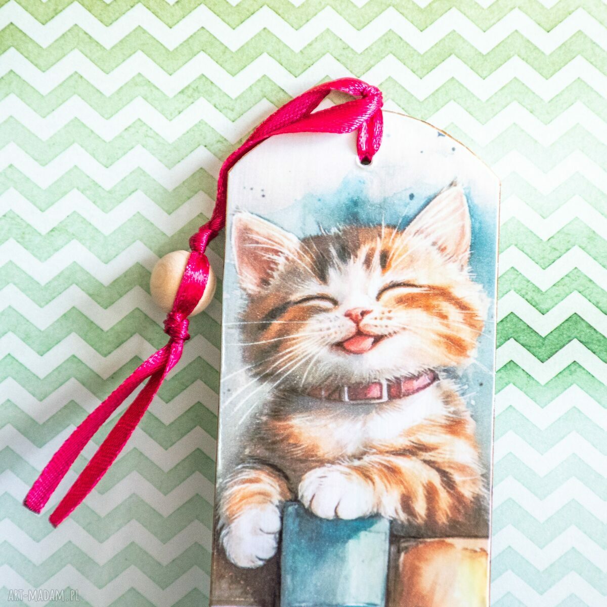 Drewniana zakładka do książki Kicia Kocia - kociaki z decoupage