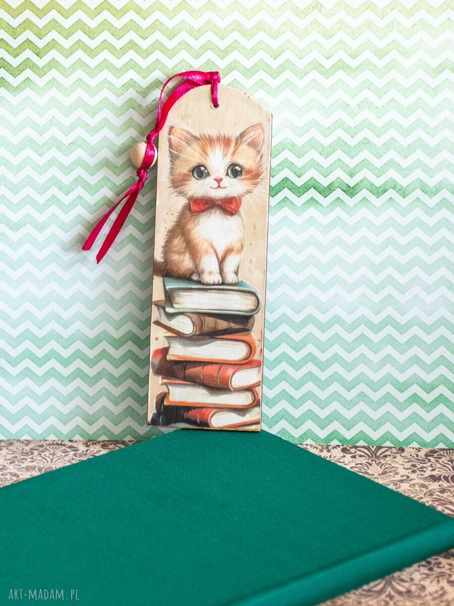 Drewniana zakładka do książki Kicia Kocia - kociaki z decoupage