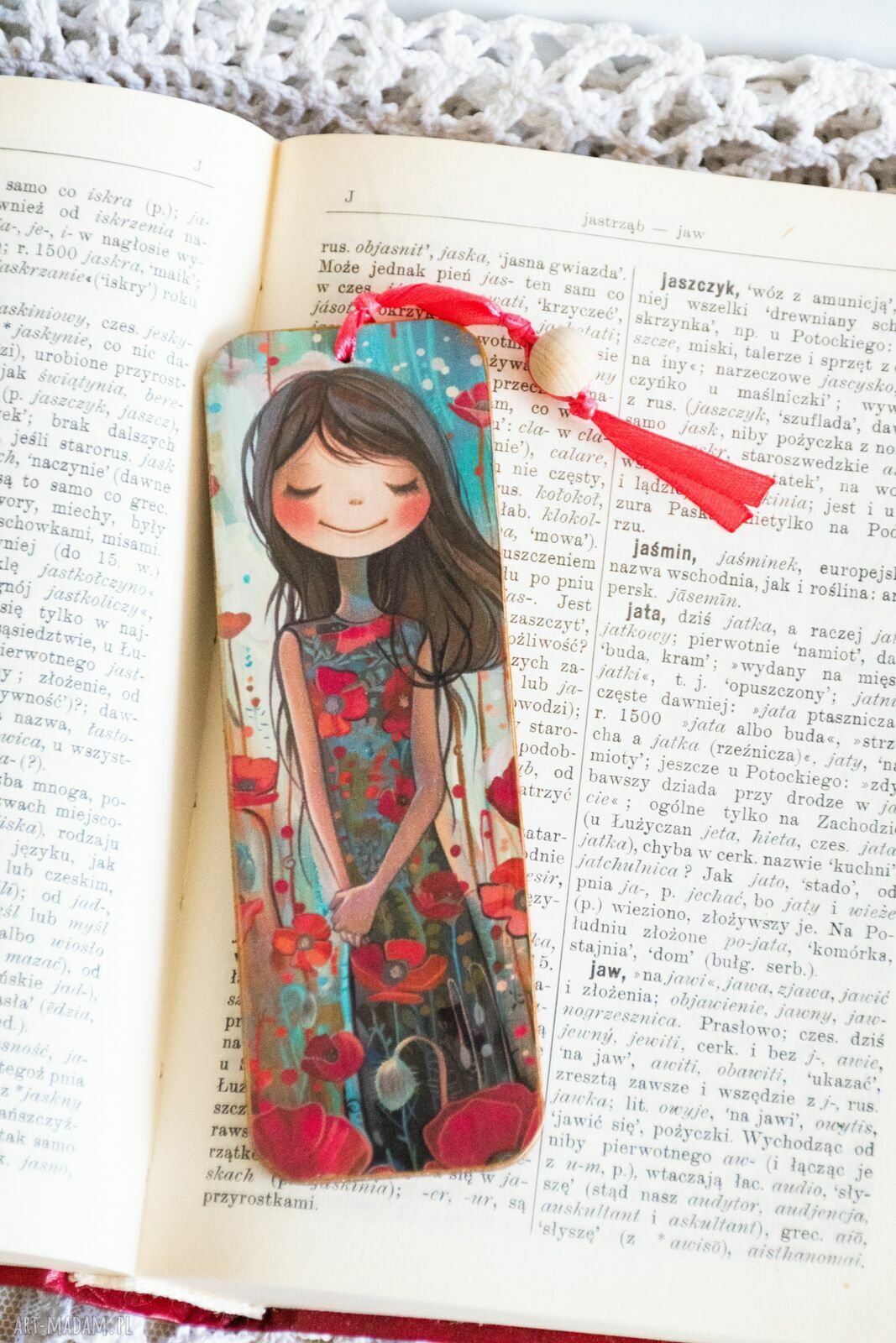 Drewniana zakładka do książki Makowa panienka - handmade dla dziewczynki