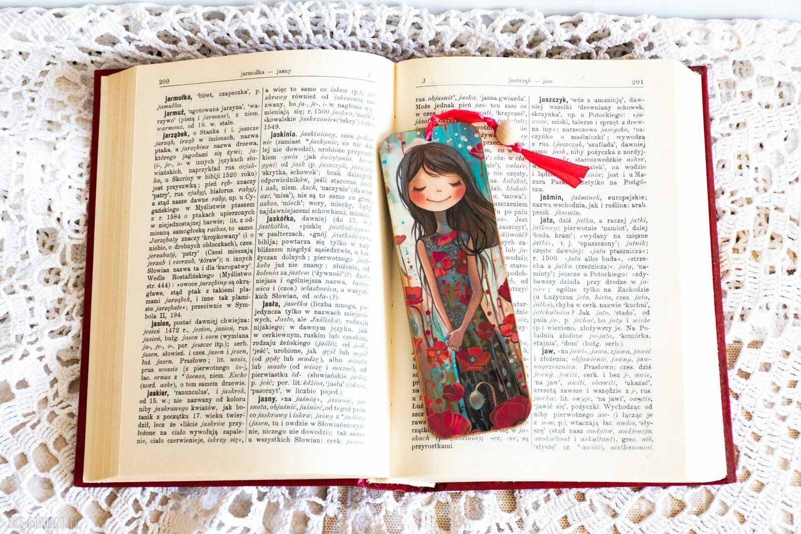 Drewniana zakładka do książki Makowa panienka - handmade dla dziewczynki