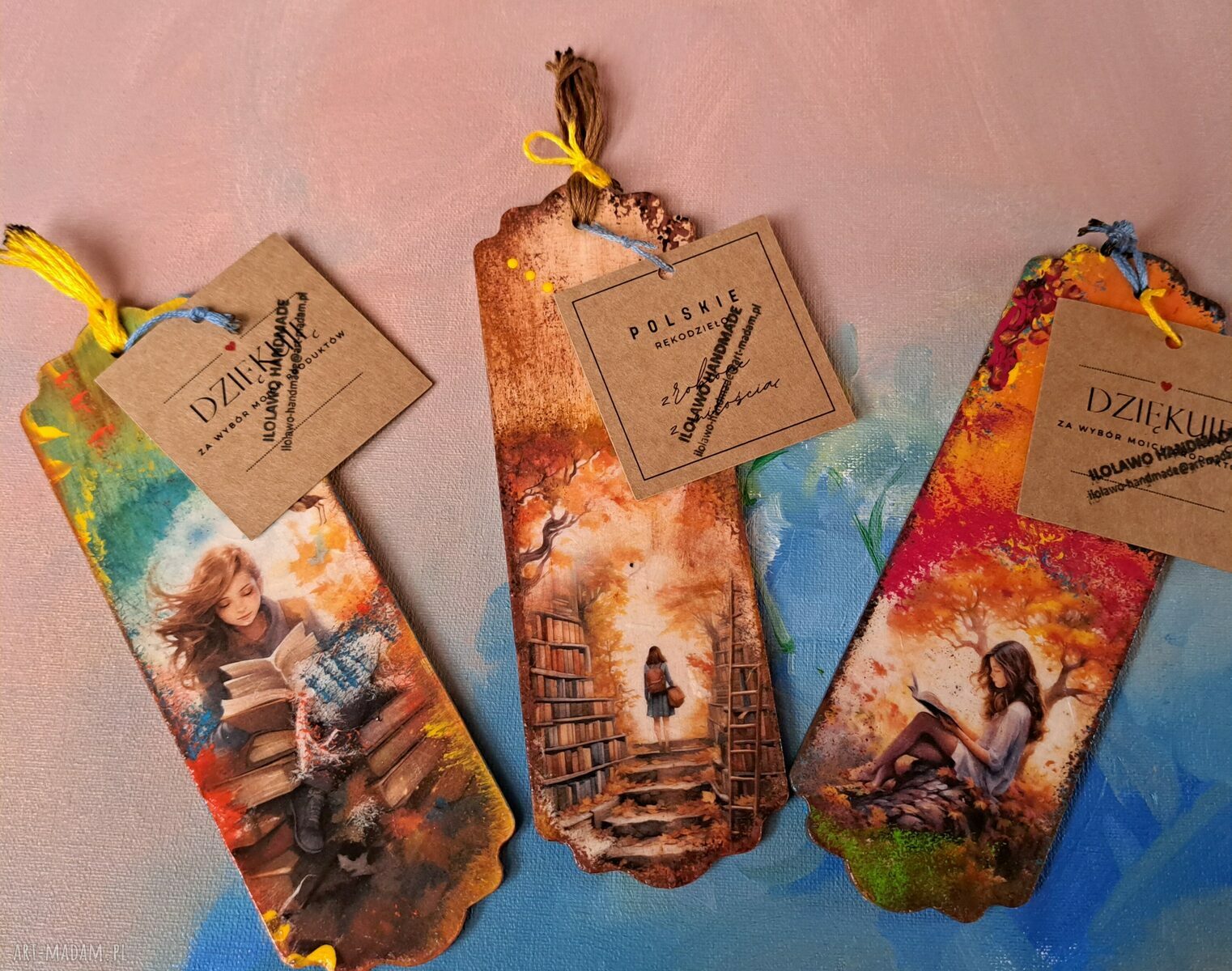 Drewniana zakładka do książki w jesiennych barwach - decoupage na sklejce (15x5 cm)