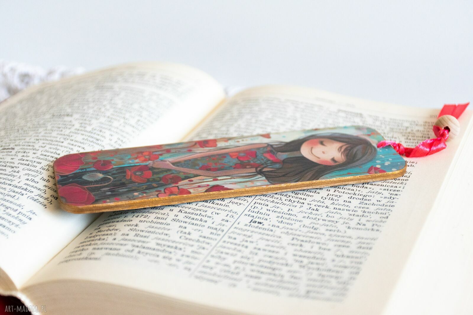 Drewniana zakładka do książki Makowa panienka - handmade dla dziewczynki