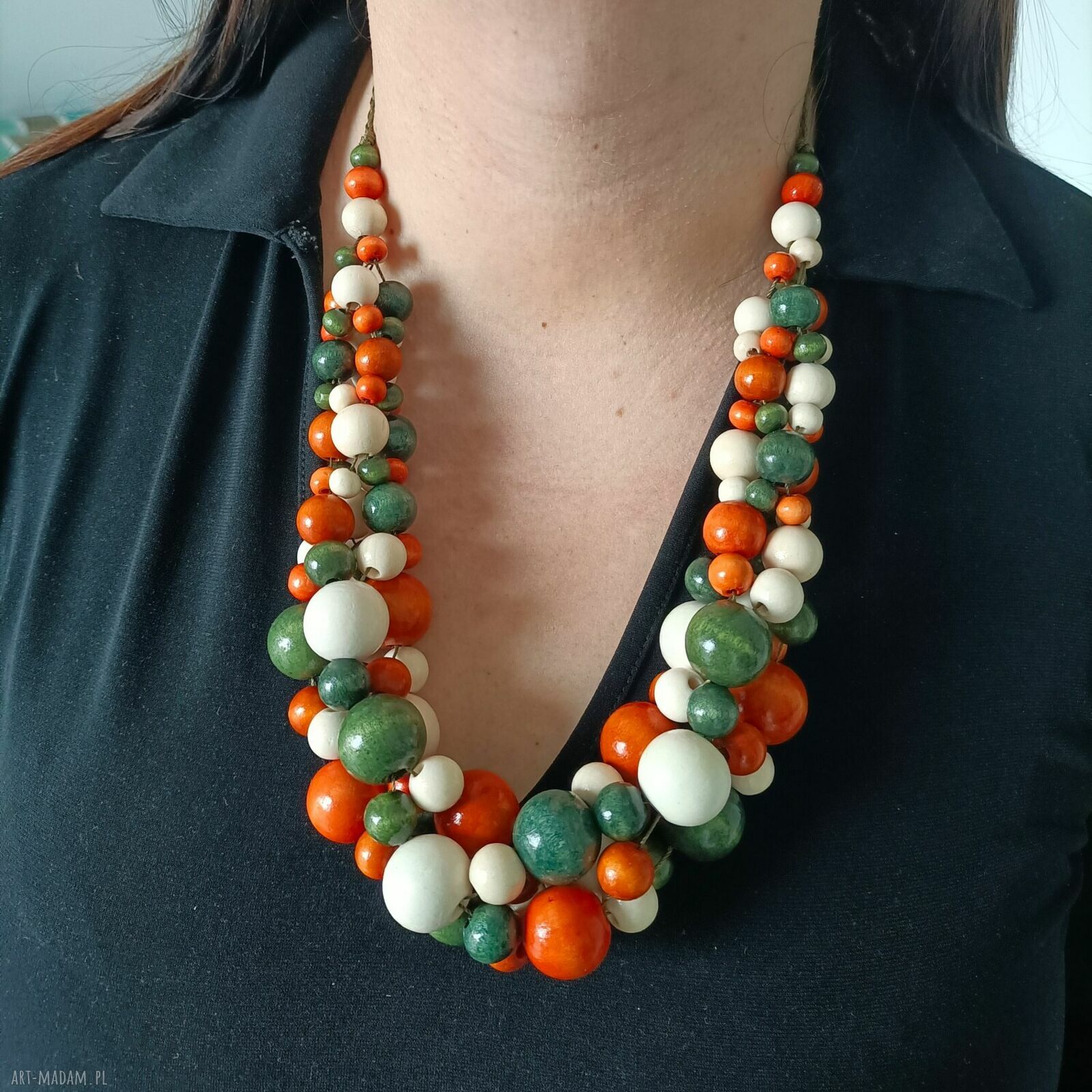 Masywny naszyjnik drewniany boho - pomarańcz, zieleń i krem