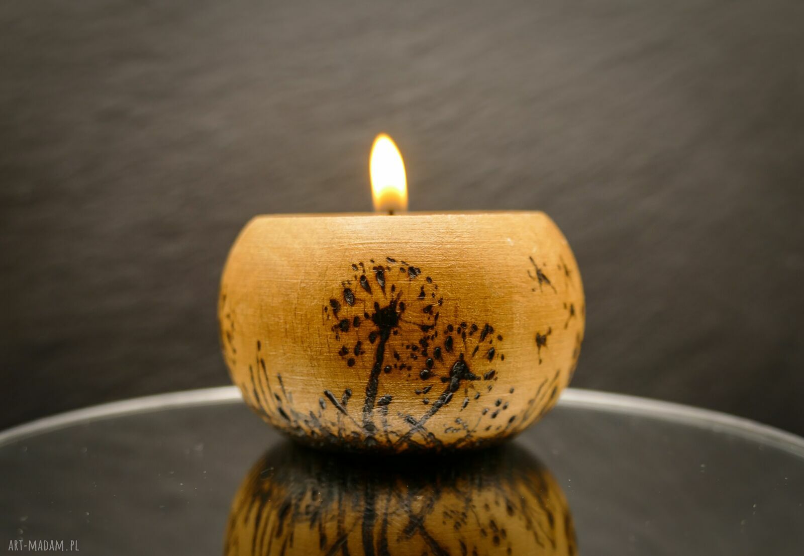 Drewniany Świecznik z Motywem Dmuchawce Ręcznie Wypalany Handmade ღ art ...