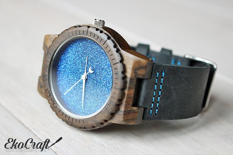 Drewniany zegarek BLUE HAWK z brokatową tarczą