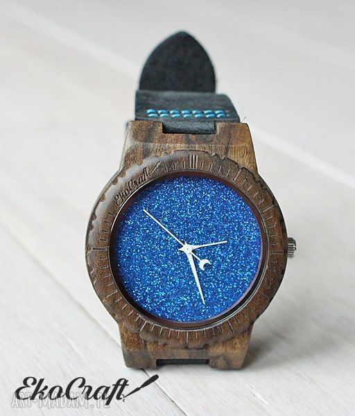 Drewniany zegarek BLUE HAWK z brokatową tarczą