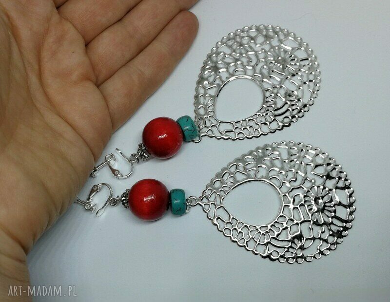 Duże klipsy drewniane ażurowe filigrany - boho folk etno
