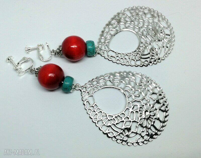 Duże klipsy drewniane ażurowe filigrany - boho folk etno
