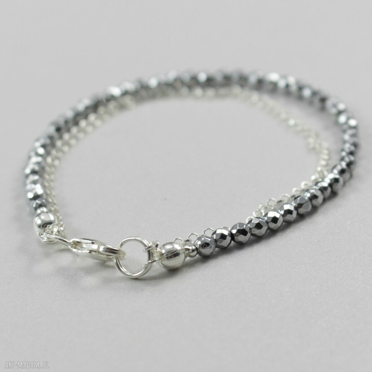 Delikatna bransoletka handmade z fasetowanego hematytu i srebra 925