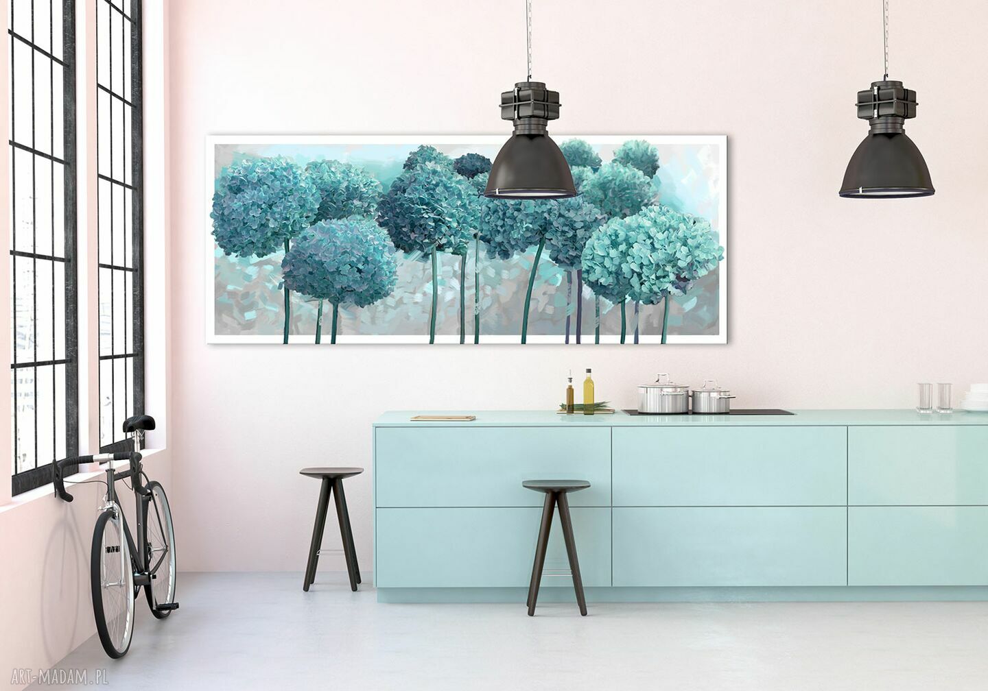 Obraz na płótnie Hortensje ogrodowe w turkusie 147x60 cm
