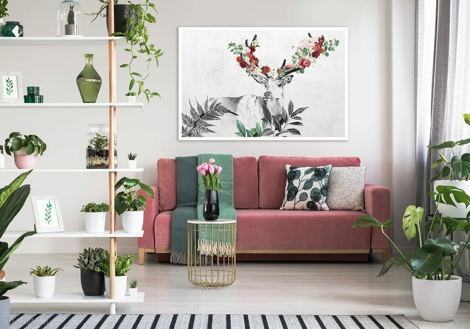 Jeleń w różanym ogrodzie - obraz na płótnie 120x80 cm do salonu i sypialni