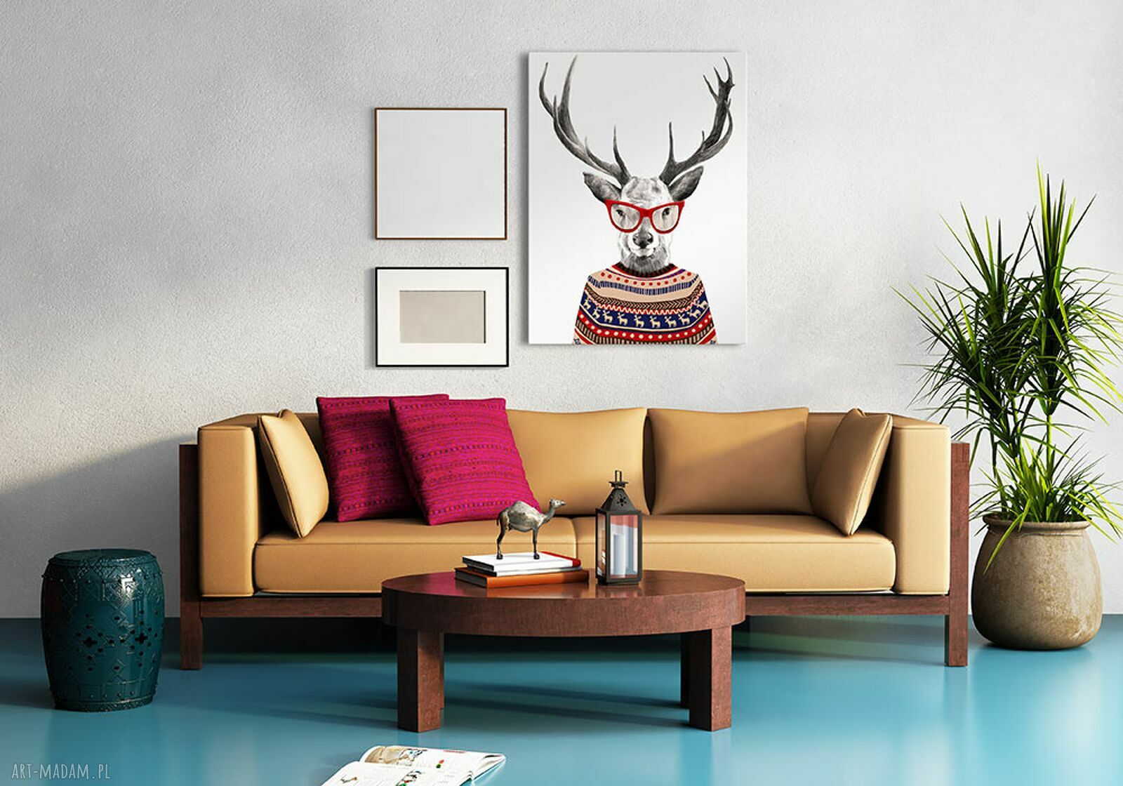 Obraz drukowany na płótnie - Jeleń w czerwonych okularach i świątecznym swetrze 60x80 cm