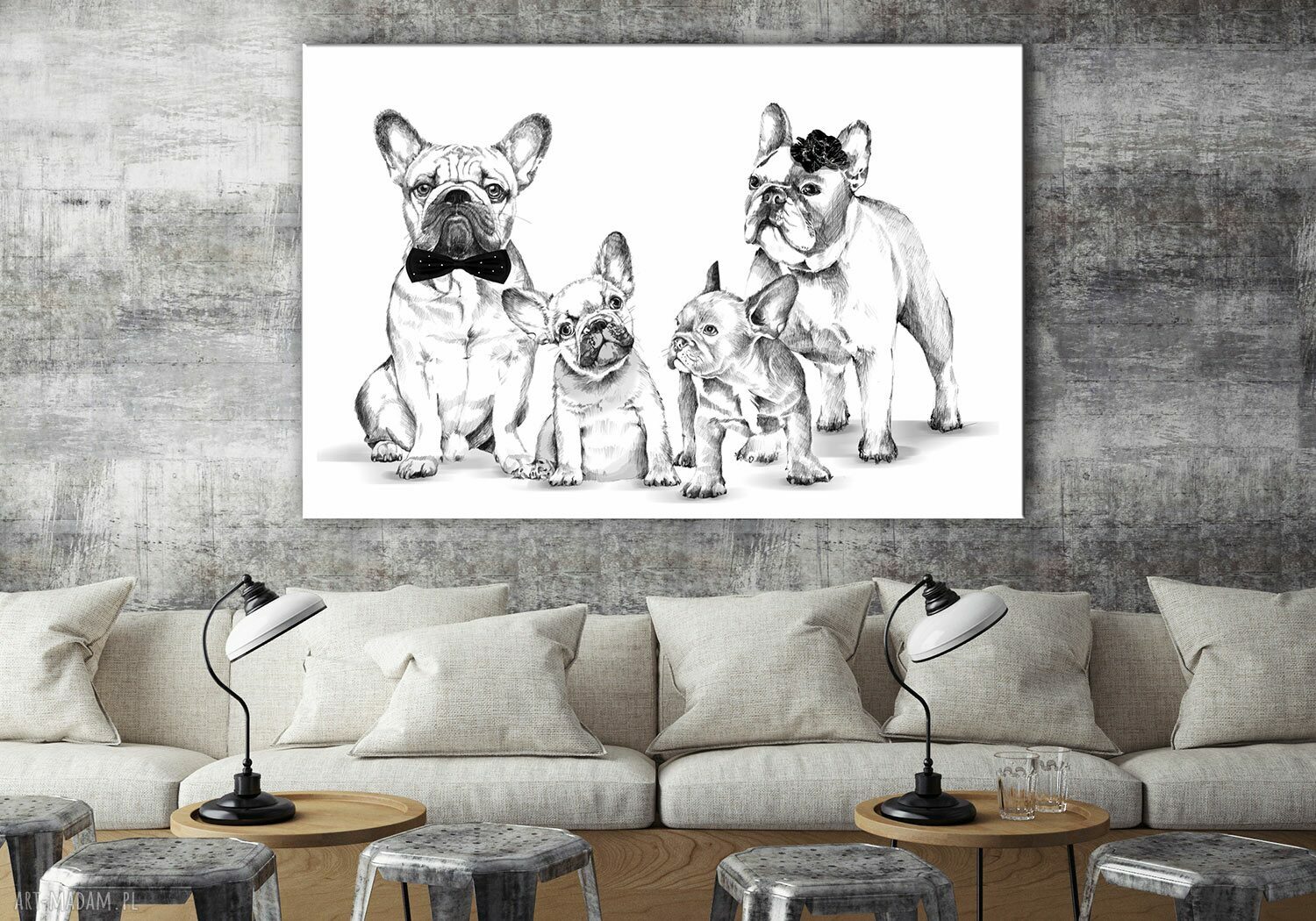 Obraz na płótnie z rodziną buldogów francuskich 120x80 cm