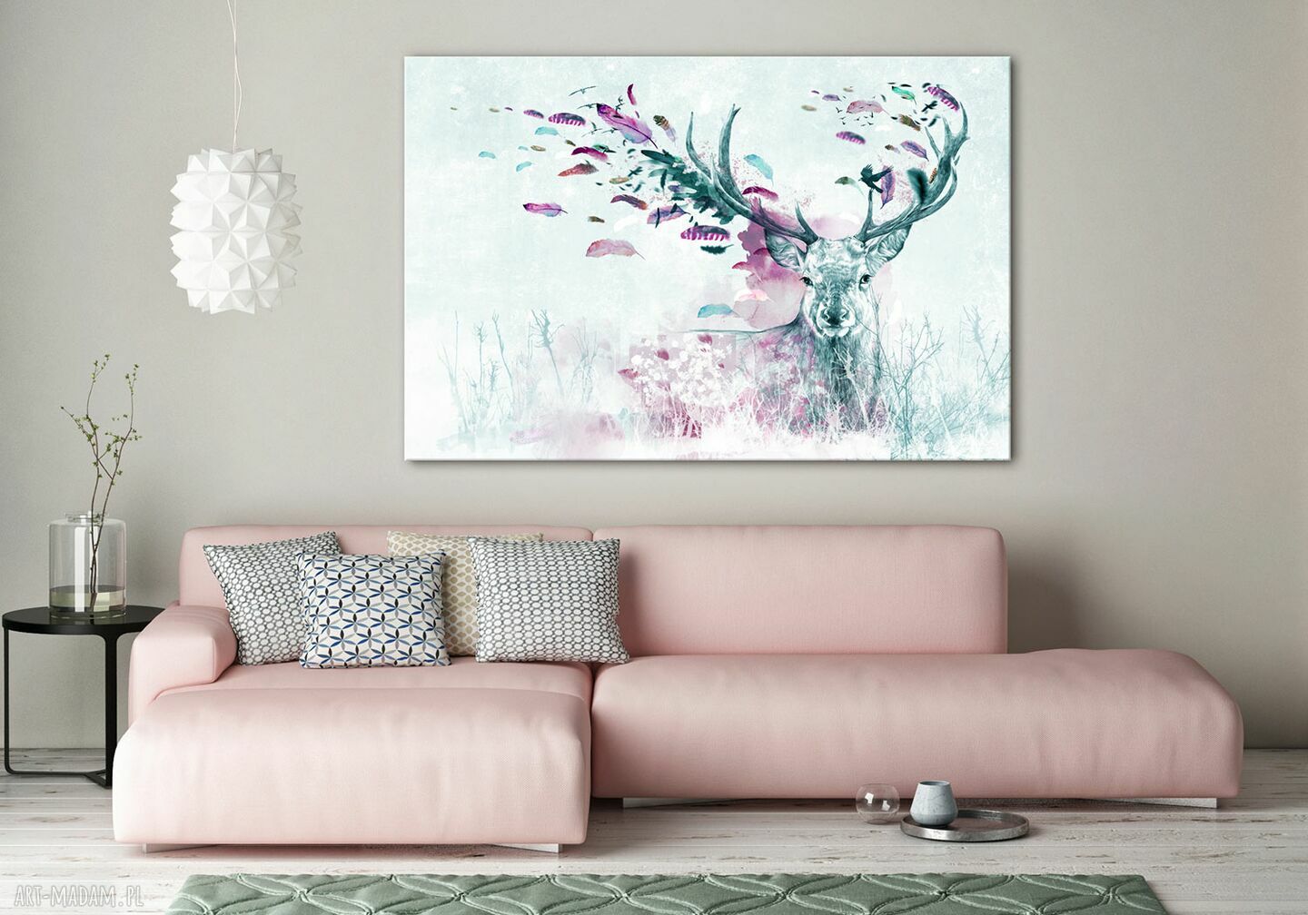 Jeleń wśród różowych piórek - obraz na płótnie 120x80 cm