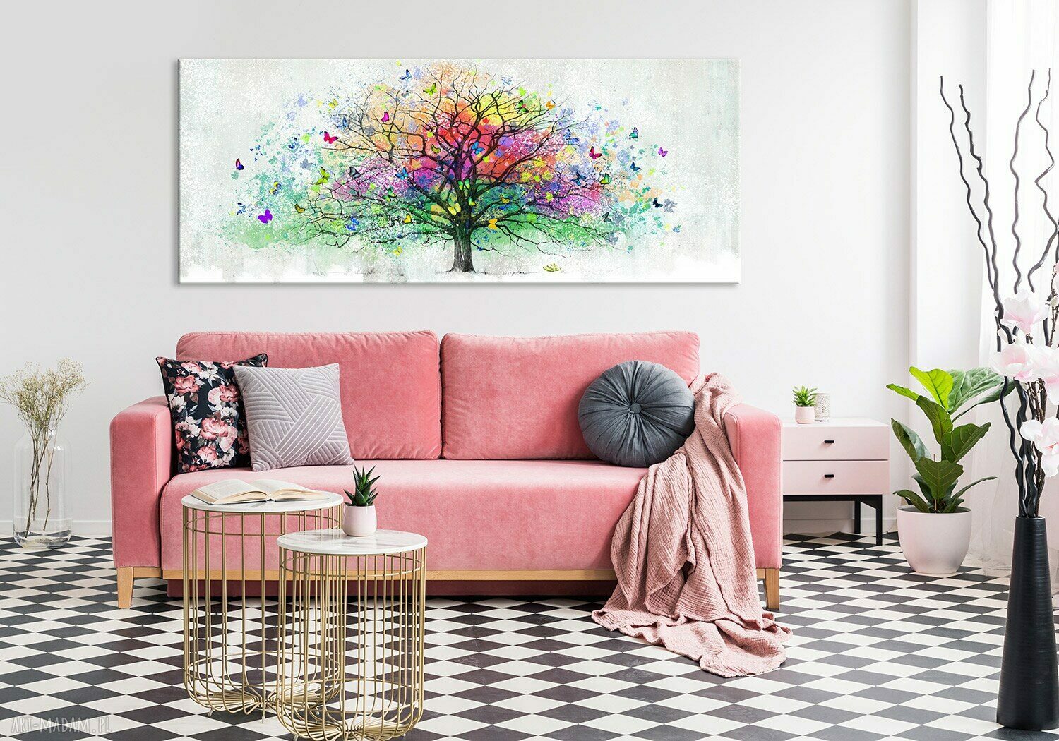 Abstrakcyjne drzewo z motylami - obraz drukowany na płótnie 147x60 cm