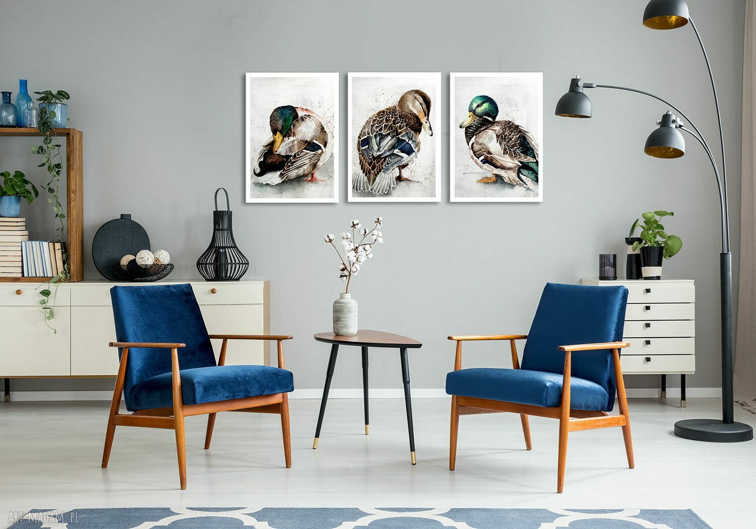 Tryptyk akwarelowe kaczki na płótnie 150x70 cm - obraz do salonu