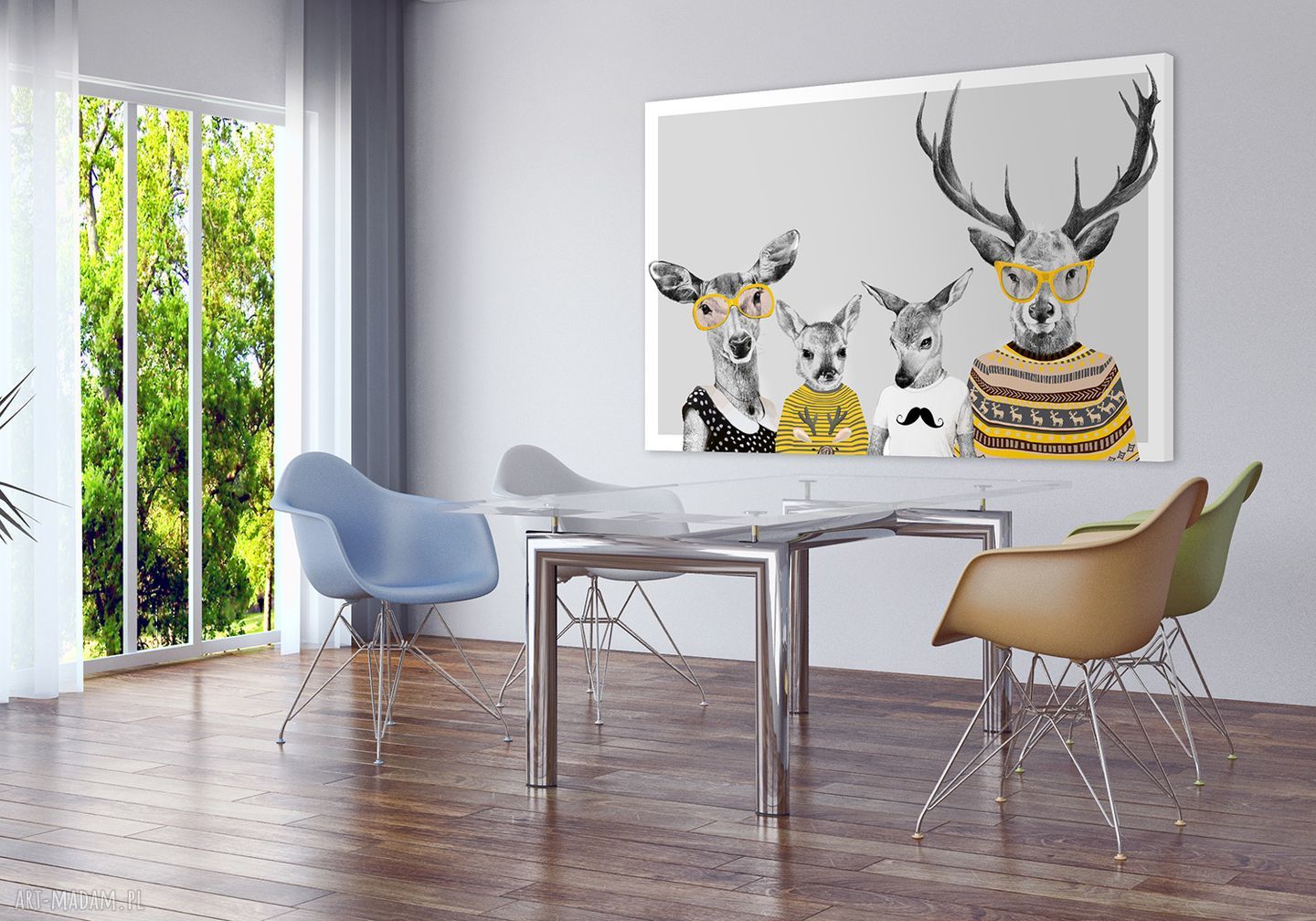Drukowany obraz z rodziną jeleni - Jelenie w ubraniach 120x80 cm