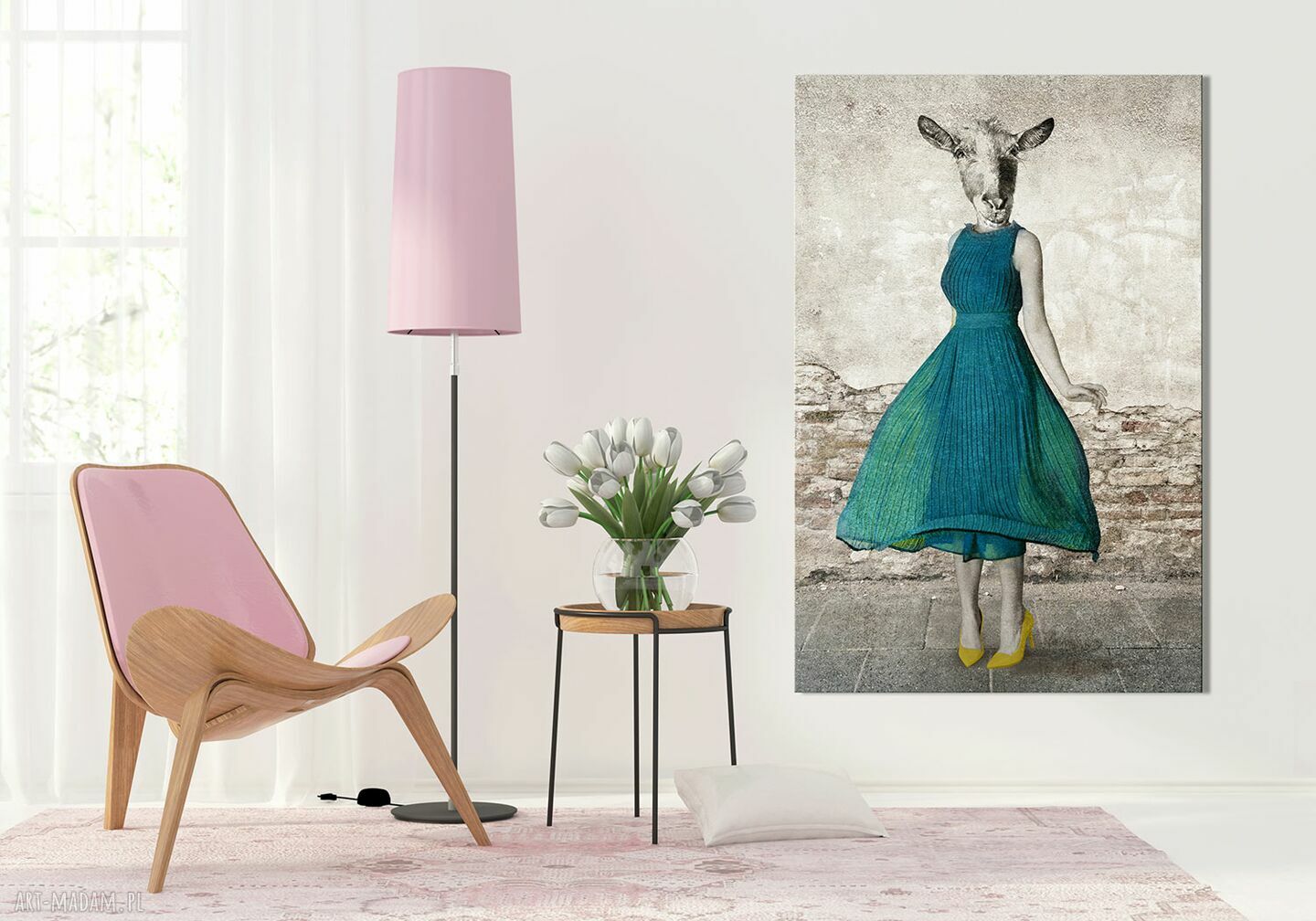 Obraz na płótnie Pani Koza w turkusowej sukience 80x120