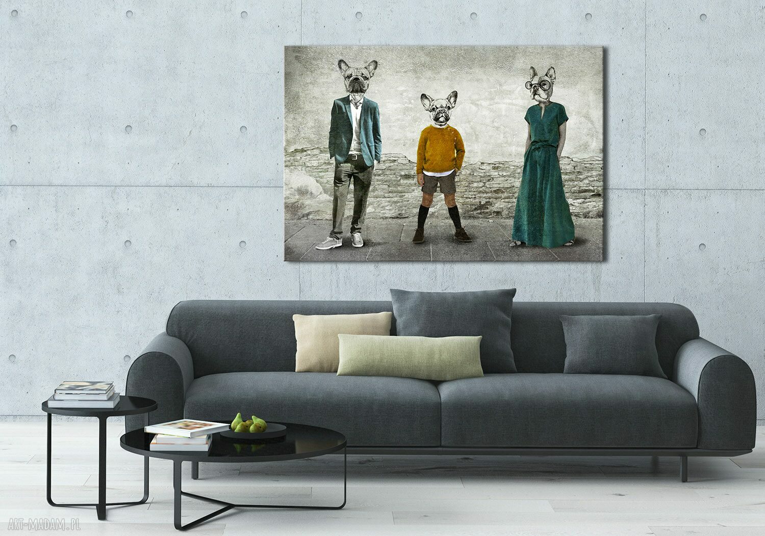 Obraz na płótnie Rodzina buldogów z synem 120x80 cm