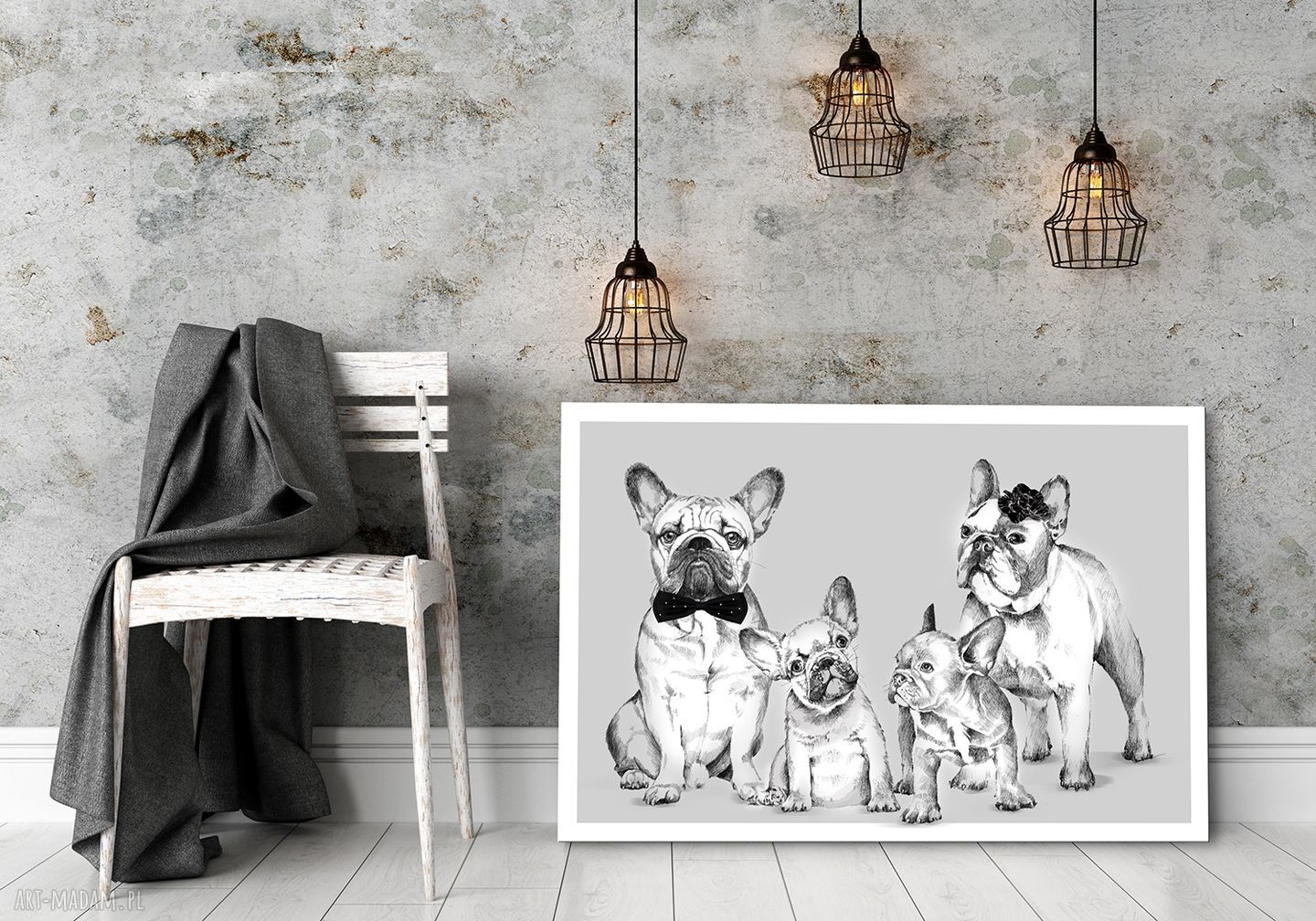 Obraz buldożki francuskie - rodzinna grafika na płótnie 120x80 cm