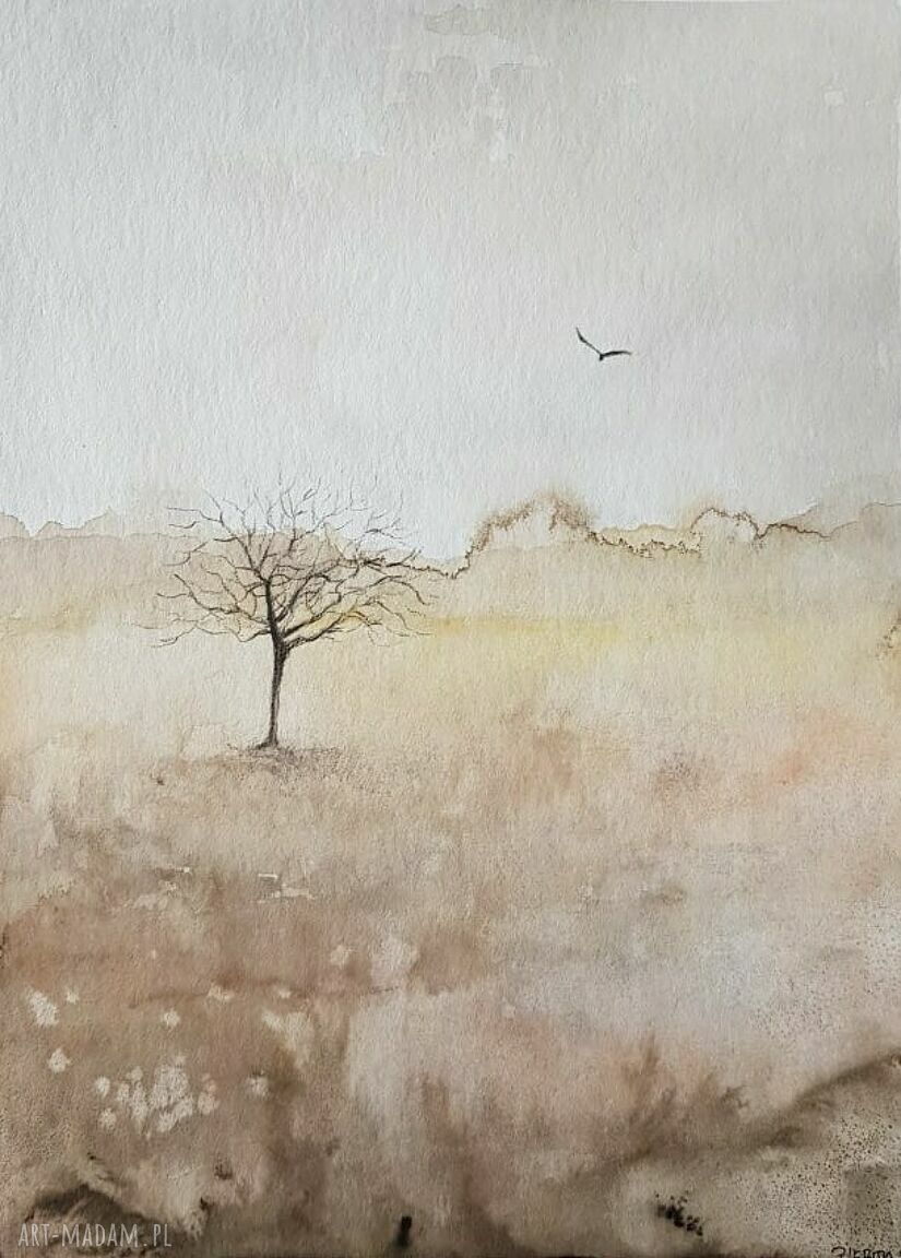 Akwarela Drzewo 24x32 cm - spokojny pejzaż z akwareli i kredek