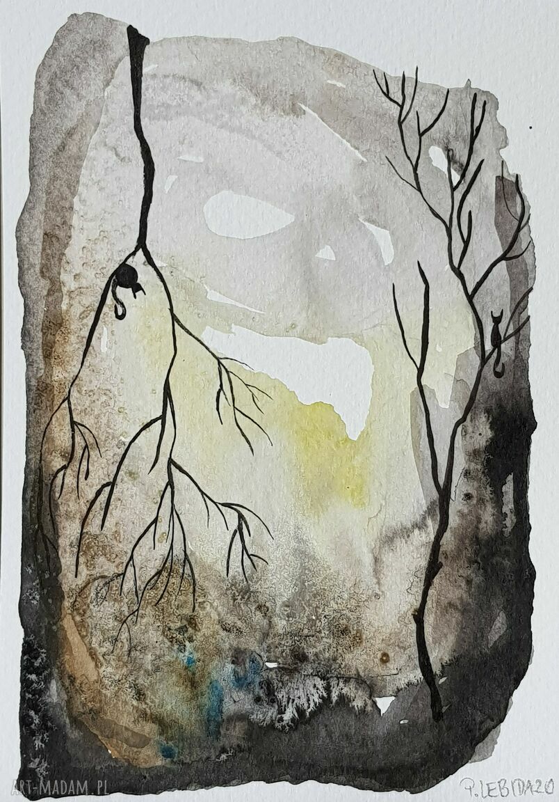 Obraz abstrakcyjny „Drzewa” - tusz i akwarela na papierze 12,5 x 18 cm