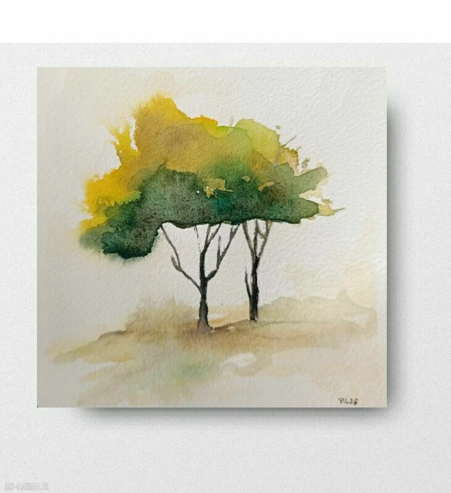 Drzewa - akwarela 15x15 cm kwadrat bez ramy