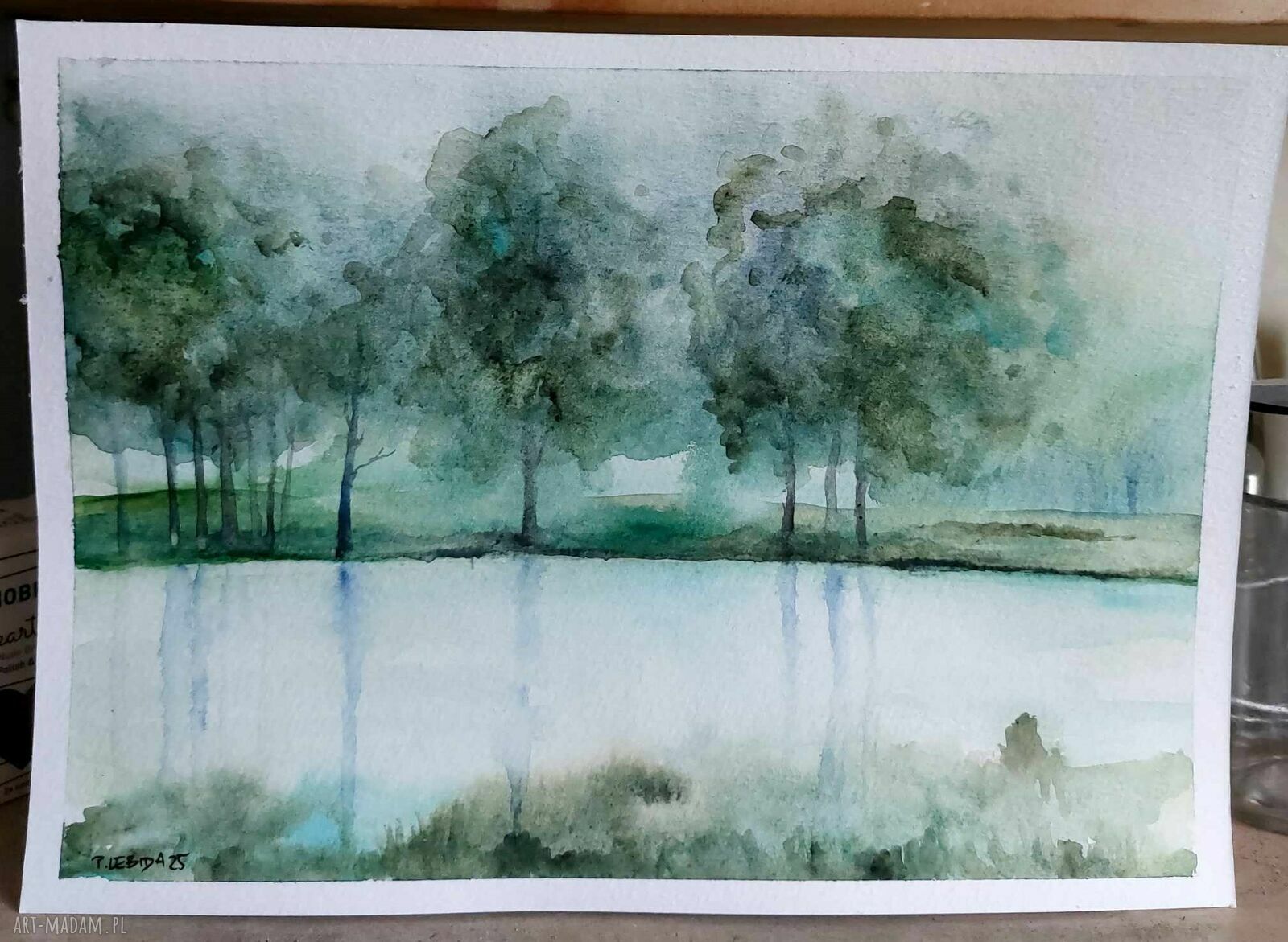 Akwarela Drzewa 18/25 cm - oryginalny obraz w zieleni i błękicie