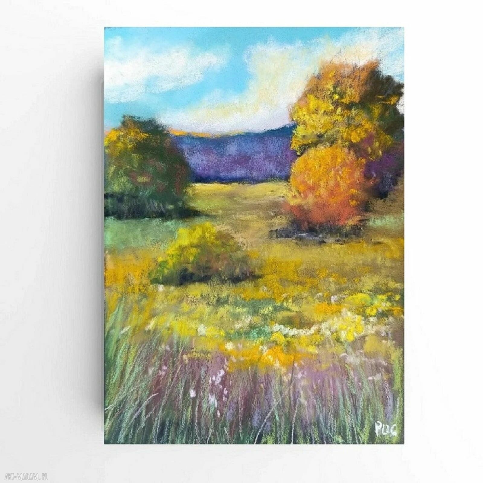 Pejzaż z drzewami - oryginalny obraz pastelami 24 x 18 cm