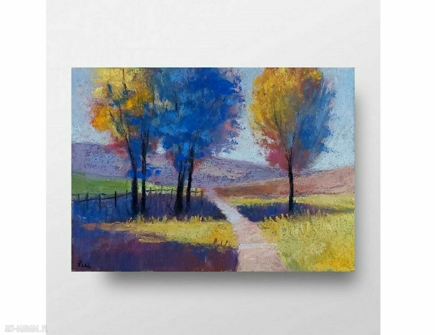 Rysunek drzew w ramie - pastele suche na papierze Ingres (A5)