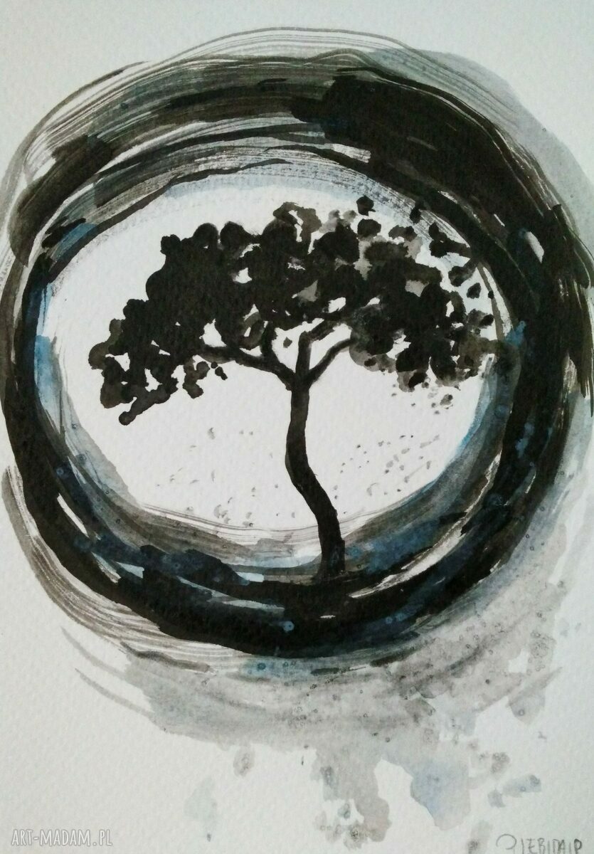 Obraz DRZEWO - ABSTRAKCJA w akwareli i tuszu 12,5/18 cm - monochrom