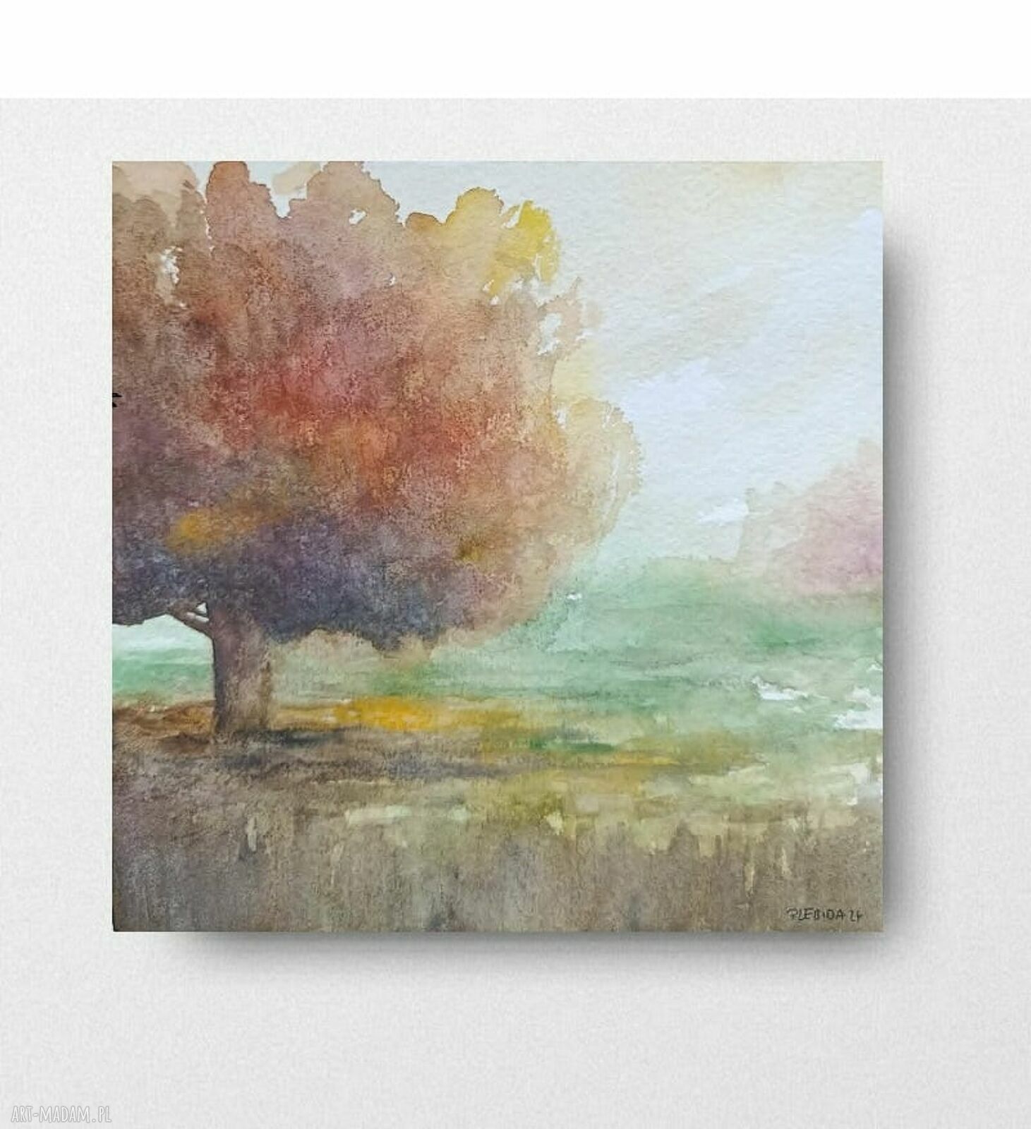 Ręcznie malowana akwarela „Drzewo” 20x20 cm - sygnowana i bez ramy