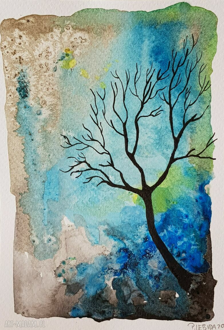 Akwarela „Drzewo” 12,5 x 18 cm - ręcznie malowana tuszem i farbami akwarelowymi