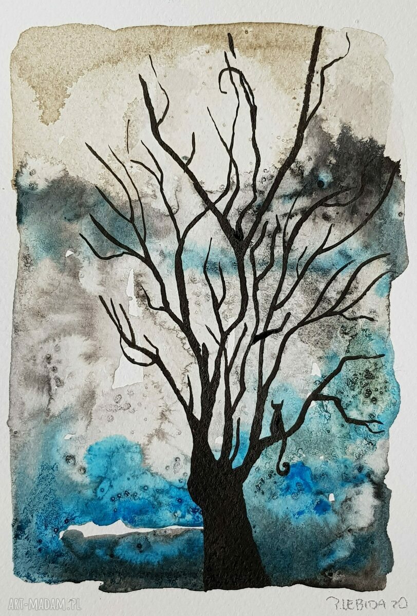 Oryginalna akwarela „Koty na drzewie”, format 12,5 x 18 cm