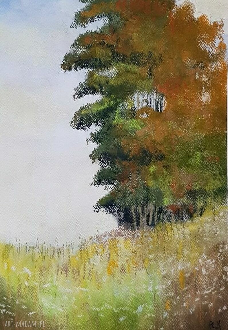 Pejzaż z drzewem - obraz pastelami i akwarelą 30 x 42 cm