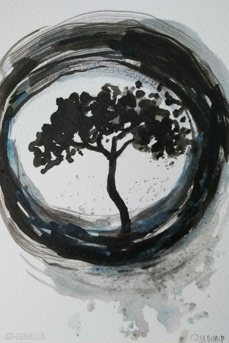 DRZEWO - obraz abstrakcyjny z tuszu i akwareli, format 12,5x18 cm