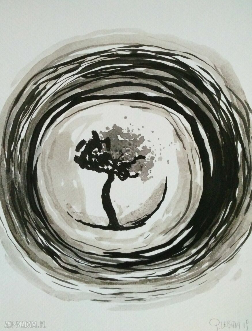 Drzewo - abstrakcyjny obraz z tuszu i akwareli 18/24 cm