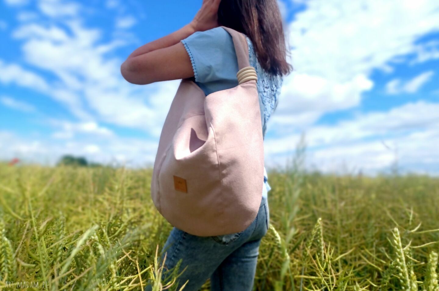 Duża torba worek Boho w pudrowym różu - handmade