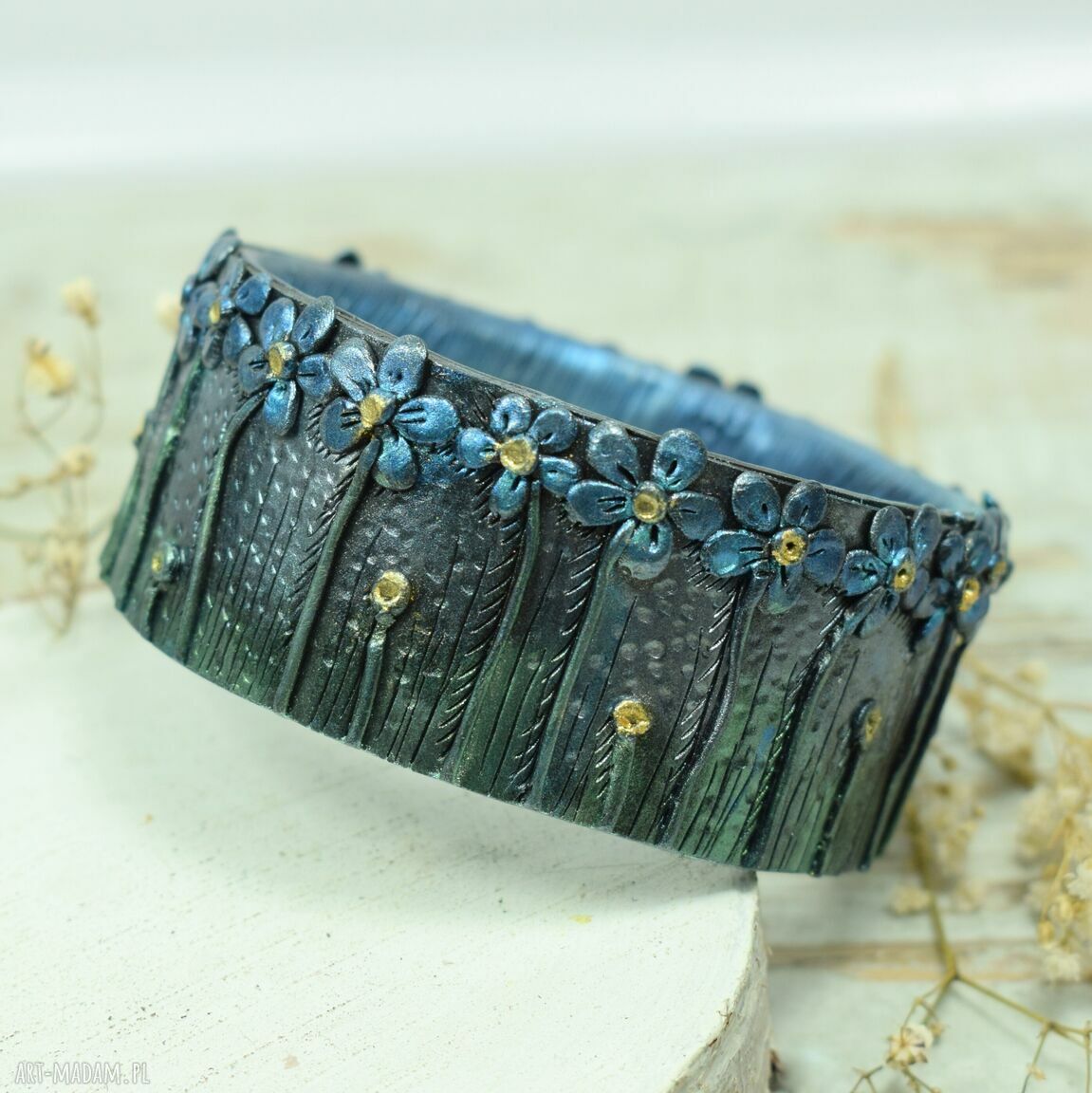 bransoletki: Duża bransoletka niezapominajki ręczne wykonanie