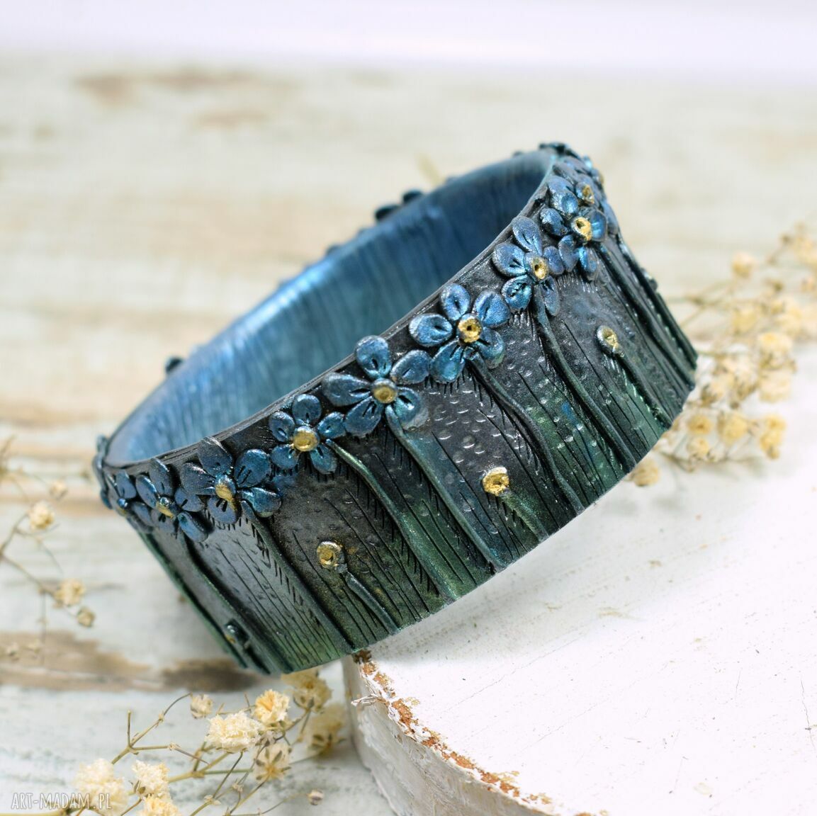 Duża bransoletka niezapominajki bransoleta kwiatki kolorowa