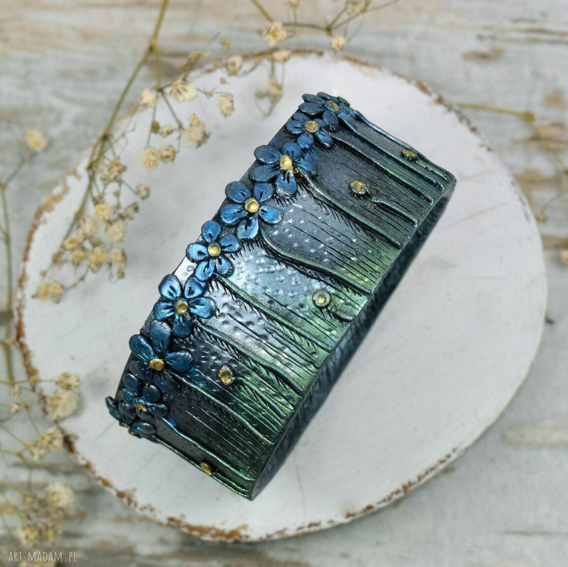 bransoletki: Duża bransoletka niezapominajki ręczne wykonanie