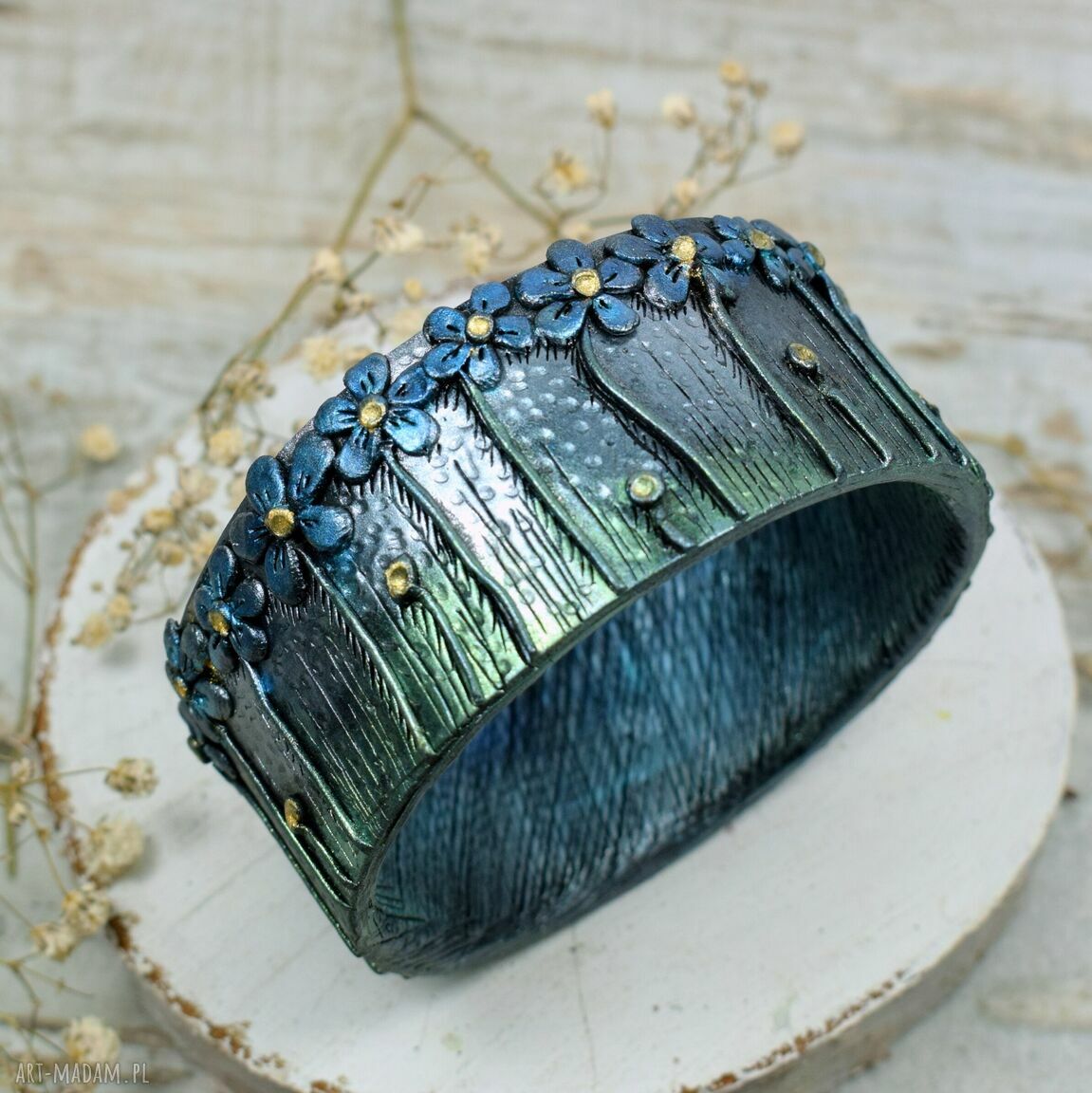 bransoletki: Duża bransoletka niezapominajki ręczne wykonanie