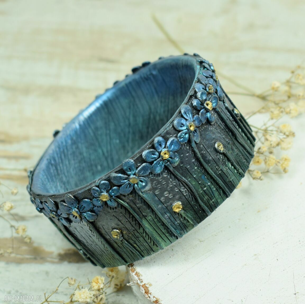 bransoletki: Duża bransoletka niezapominajki ręczne wykonanie